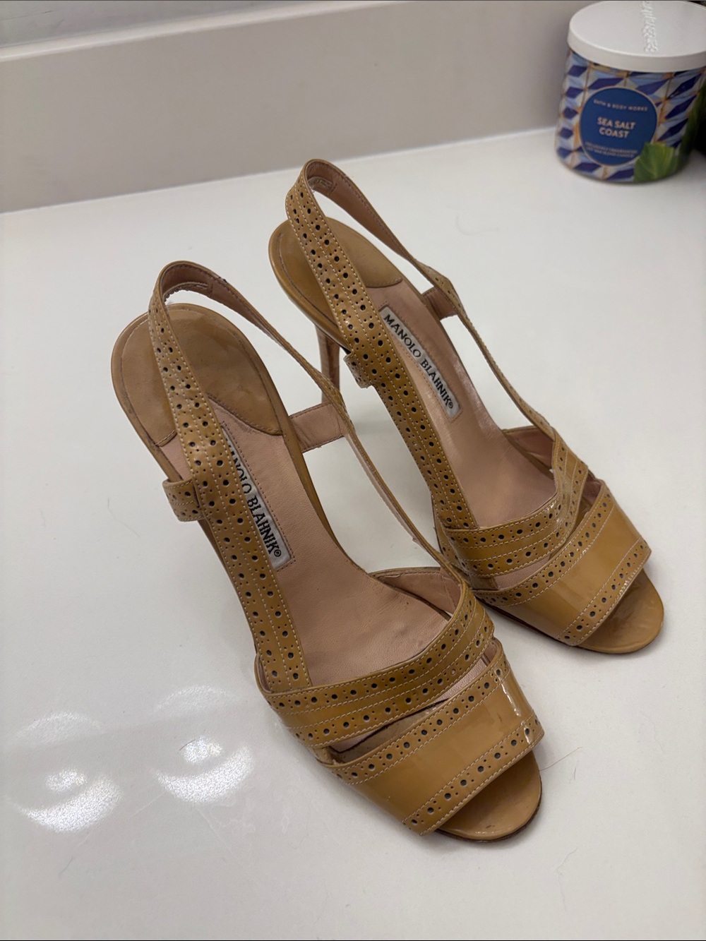 Vintage Manolo Blahnik Mustard Tan Perforated Leather Slingback Heels